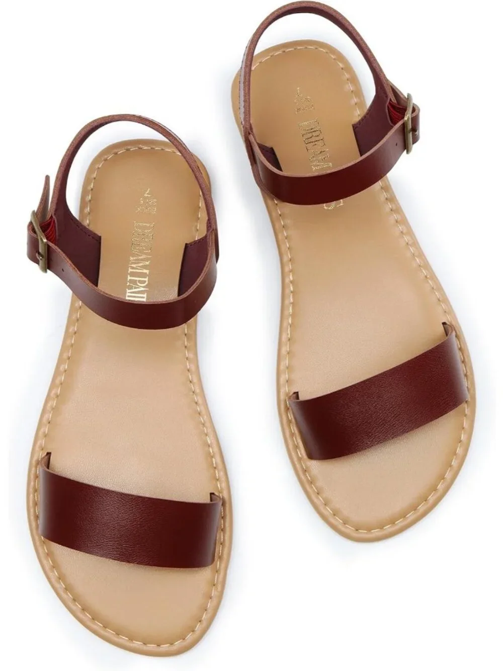 Women's Brown Pu Ankle Strap Flat Sandal Open Toe One Band Buckle Summer Sandals